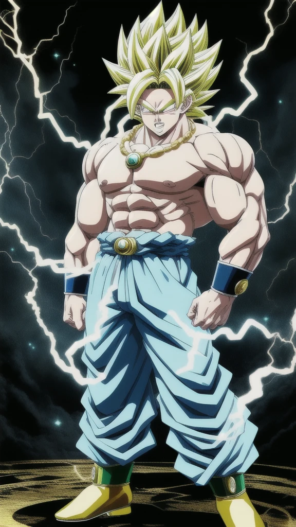 masterpiece, Highest quality, bold, colorful, anime, figure, alone, Dynamic pose, View your viewers, Detailed face, One boy, Dragon Ball, Muscular, Broly, legendary super saiyan, Green Hair, White eyes, Gold Necklace, Red waist robe, white baggy pants, Golden Shoes, Gold bracelet, r1ge, Blue aura, electricity, 