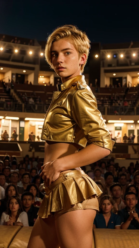 McKenna Grace, naked, wearing a very small short skirt, she's carrying a platter of food, she's in the audience of a rodeo, she's wearing boots, she is innocent cute and adorable, completely legal
