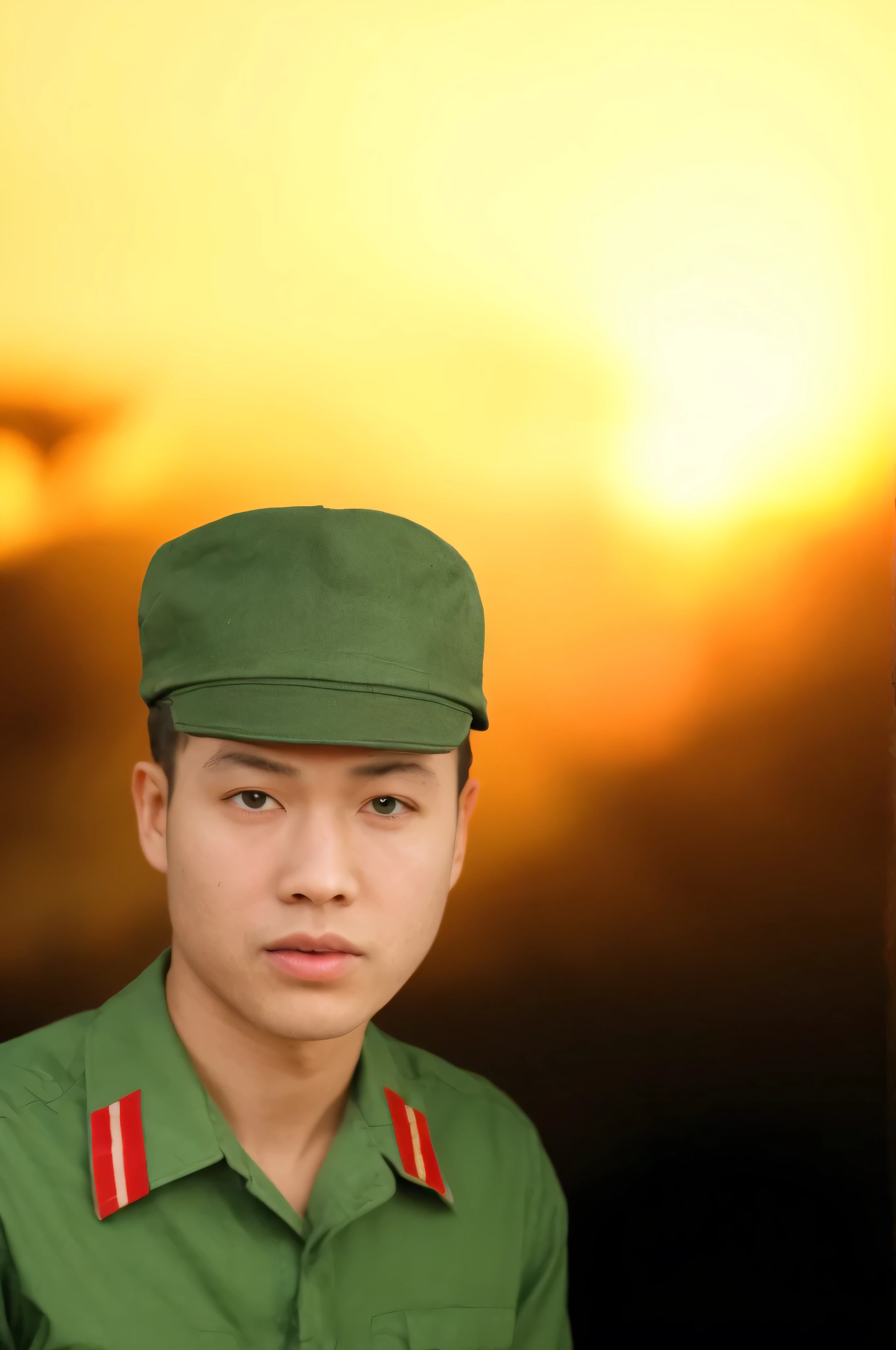 RAW photo of a 25 year old man, wearing a green Vietnamese army shirt, Asian, short black hair, real face, real skin, (photorealistic:1.4), (high detail soft skin:1.2 ), 8k uhd, dslr, soft light, high quality, grain film, Fujifilm XT