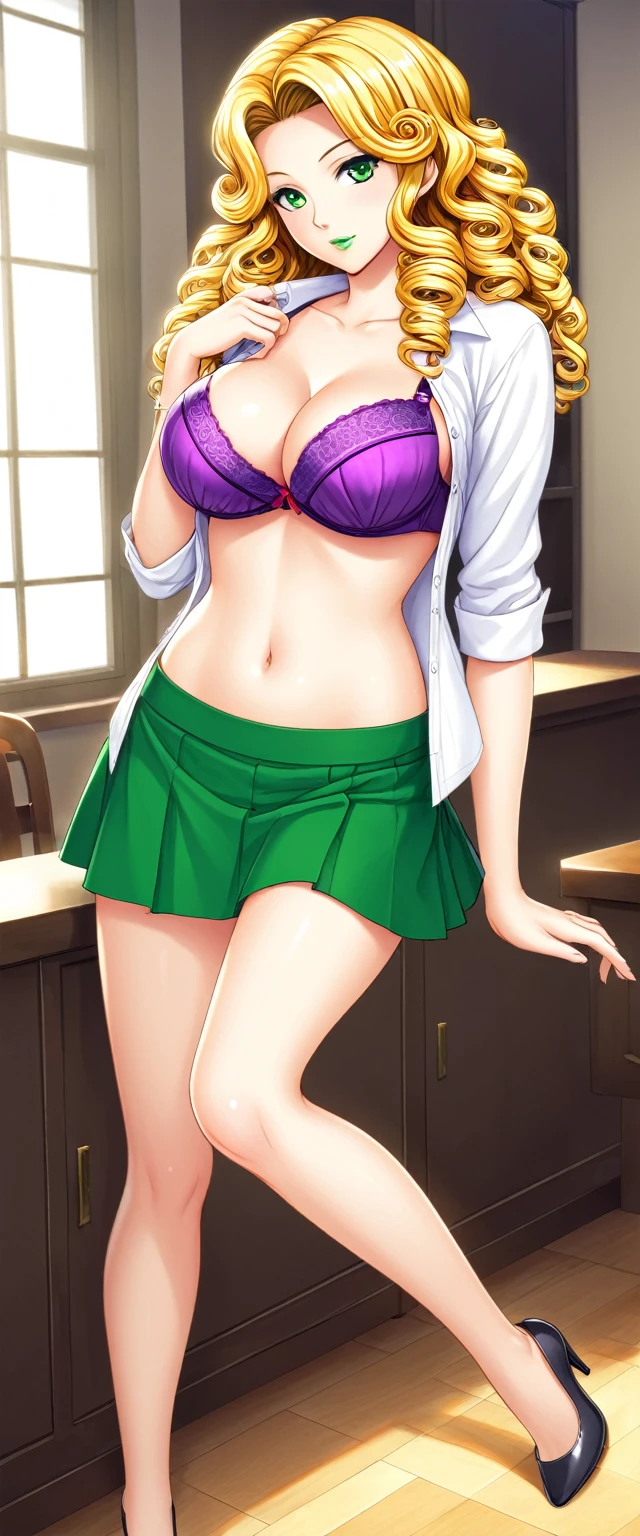 Mitsuri Kanroji Acostada, opening your legs,with his clothes unbuttoned,showing her tits,with her skirt raised and showing her beautiful bottom