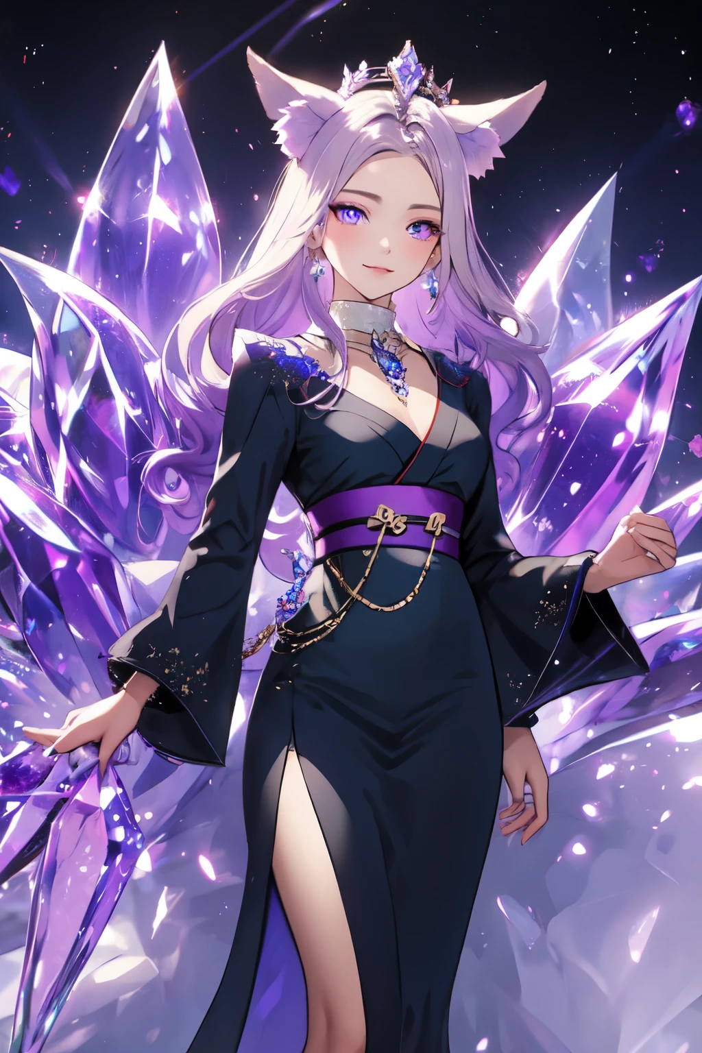 ((best quality)), ((masterpiece)), (detailed), detailed eyes, detailed hands, full-length body image, full-length image, female humanoid kitsune, wearing a short thigh length kimono, standing, crystal crown on top of her head, light purple hair, light purple fox ears, 2 purple crystal fox tails, 1 crystal eight-pointed star shape on forehead, delicate and beautiful detailing, beautiful face, well-proportioned detailed purple eyes, round detailed purple eyes and makeup, beautiful detailed and clear purple eyes, volume smooth and sharp, long flat bangs, fictional art, best photos, best quality, very beautiful and meticulous eight-pointed crystal star on forehead, delicate, mouth closed smile, not fully smiling, with a starry background