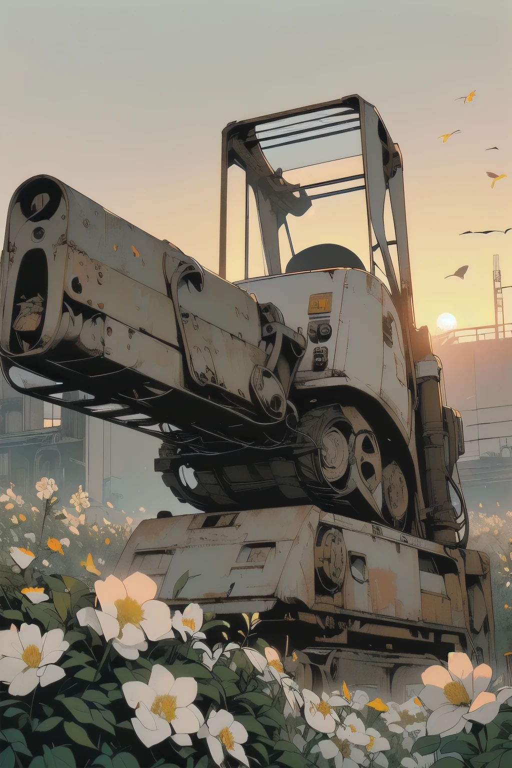 Detailed Machinery、Abandoned Factory、Atrium、(((White Flower Field)))、(((Rusty heavy equipment)))、Gorgeous light leaks、(((Sunset)))、fog、Detailed Background、Highest quality、(((No humans)))、Broken heavy machinery、Complex heavy machinery、Faint lighting、(((Fluttering white petals)))、sunset、(((Dull colors)))、(((Yellow heavy machinery)))、(((Many white flowers fly)))