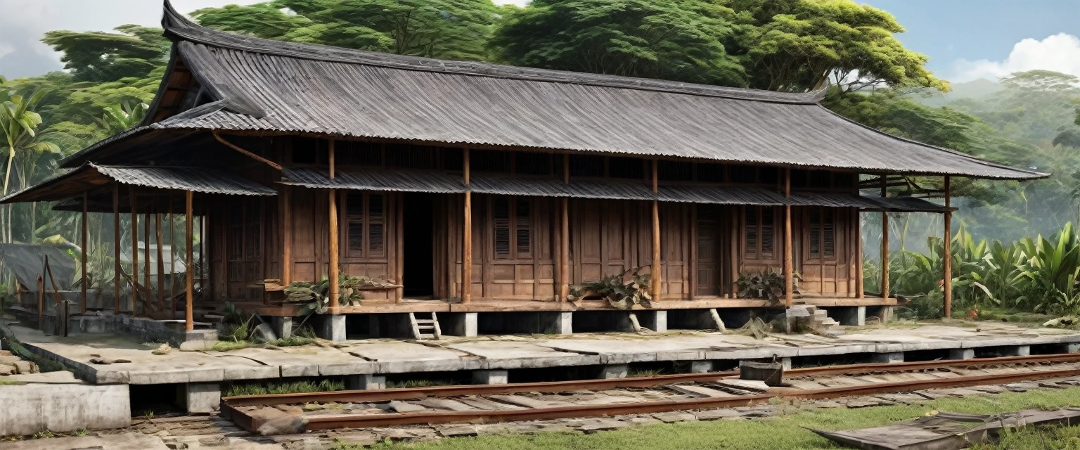 Create a realistic image of the exterior of a kongsi house in 1890. Show the wooden structure with tools and supplies scattered around. The background should include partially constructed railway tracks and colonial-era buildings. No people should be present. The style should resemble historical photographs with sharp details.