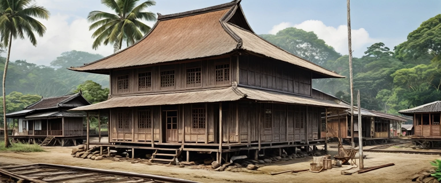 Create a realistic image of the exterior of a kongsi house in 1890. Show the wooden structure with tools and supplies scattered around. The background should include partially constructed railway tracks and colonial-era buildings. No people should be present. The style should resemble historical photographs with sharp details.