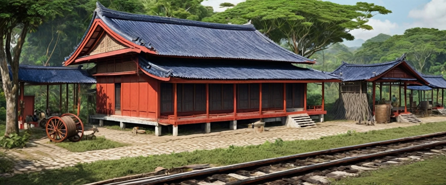 Create a realistic image of the exterior of a kongsi house in 1890. Show the wooden structure with tools and supplies scattered around. The background should include partially constructed railway tracks and colonial-era buildings. No people should be present. The style should resemble historical photographs with sharp details.