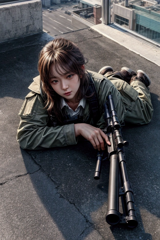 masterpiece,Highest quality,8k,High resolution,Raw photo,Professional,
Physically Based Rendering,Thin contours,Medium Shot,
Building district,A sniper shoots at a target on the roof of another building,
Still no target,He hides in a corner of the rooftop with his rifle at the ready.,
(Lying face down),