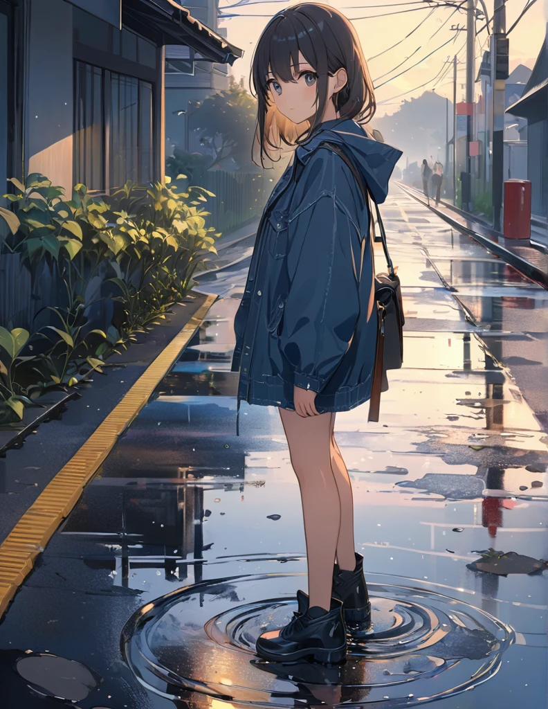 masterpiece, best quality, 1girl, after the rain, (running through puddles), dynamic angle, floating hair, sunny, Blue sky, puddle, (splash of water), splash of water, (Water in a puddle splashes), Oversized black hoodie,       
