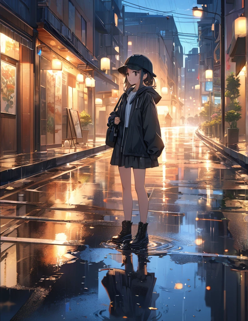 (Anime Style:1.4),A soft touch to painting、超High resolution, Attention to detail, high quality, High resolution, 最high quality, 4K, 8k,Road after the rain、evening、Puddle and girl's feet、Pastel color effect