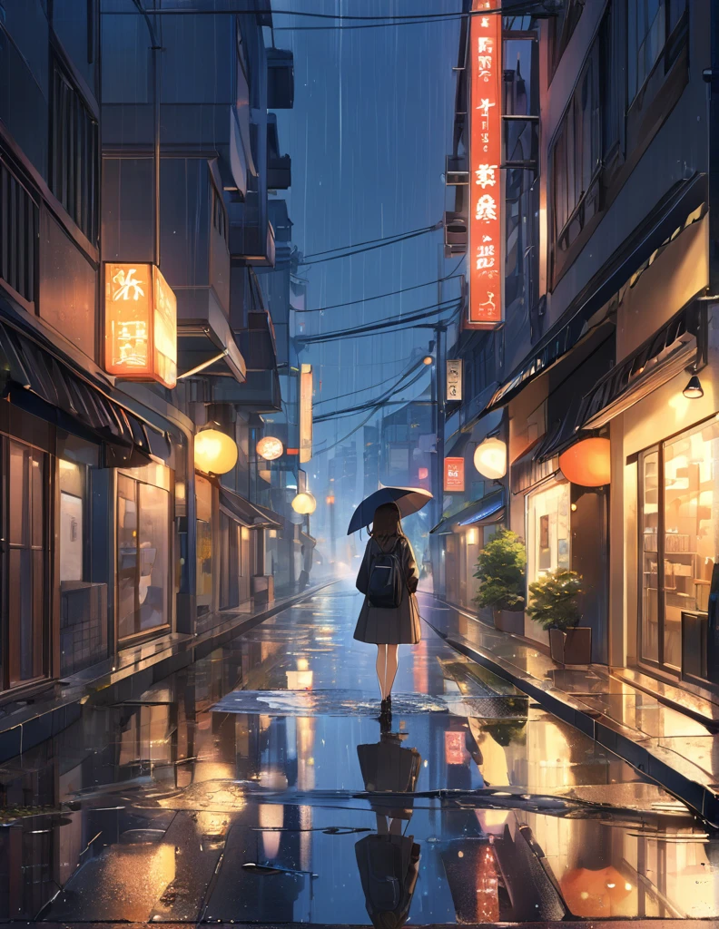(Anime Style:1.4),A soft touch to painting、超High resolution, Attention to detail, high quality, High resolution, 最high quality, 4K, 8k,Road after the rain、evening、Puddle and girl's feet、Pastel color effect