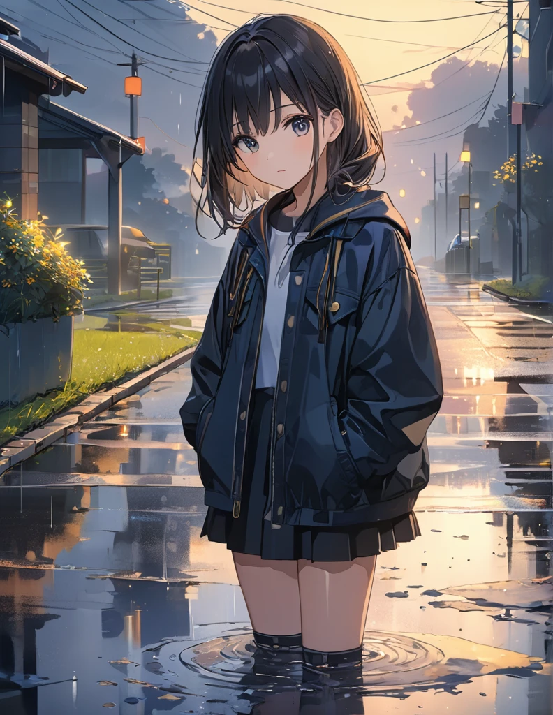 (Anime Style:1.4),A soft touch to painting、超High resolution, Attention to detail, high quality, High resolution, 最high quality, 4K, 8k,Road after the rain、evening、Puddle and girl's feet、Pastel color effect
