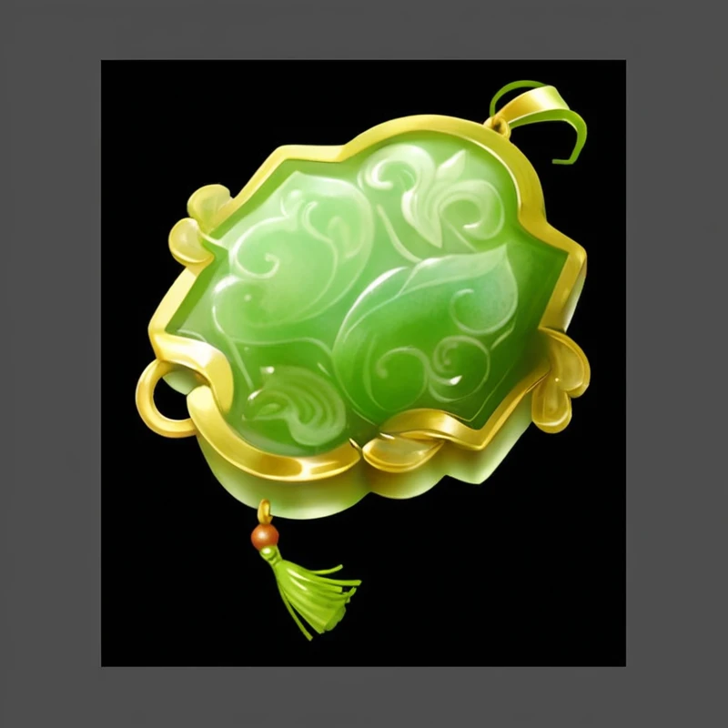 绿色的Jade Pendant，Golden tassels。Jade Pendant，Game Resources。 雕刻着花纹的Jade Pendant，Hand drawn texture