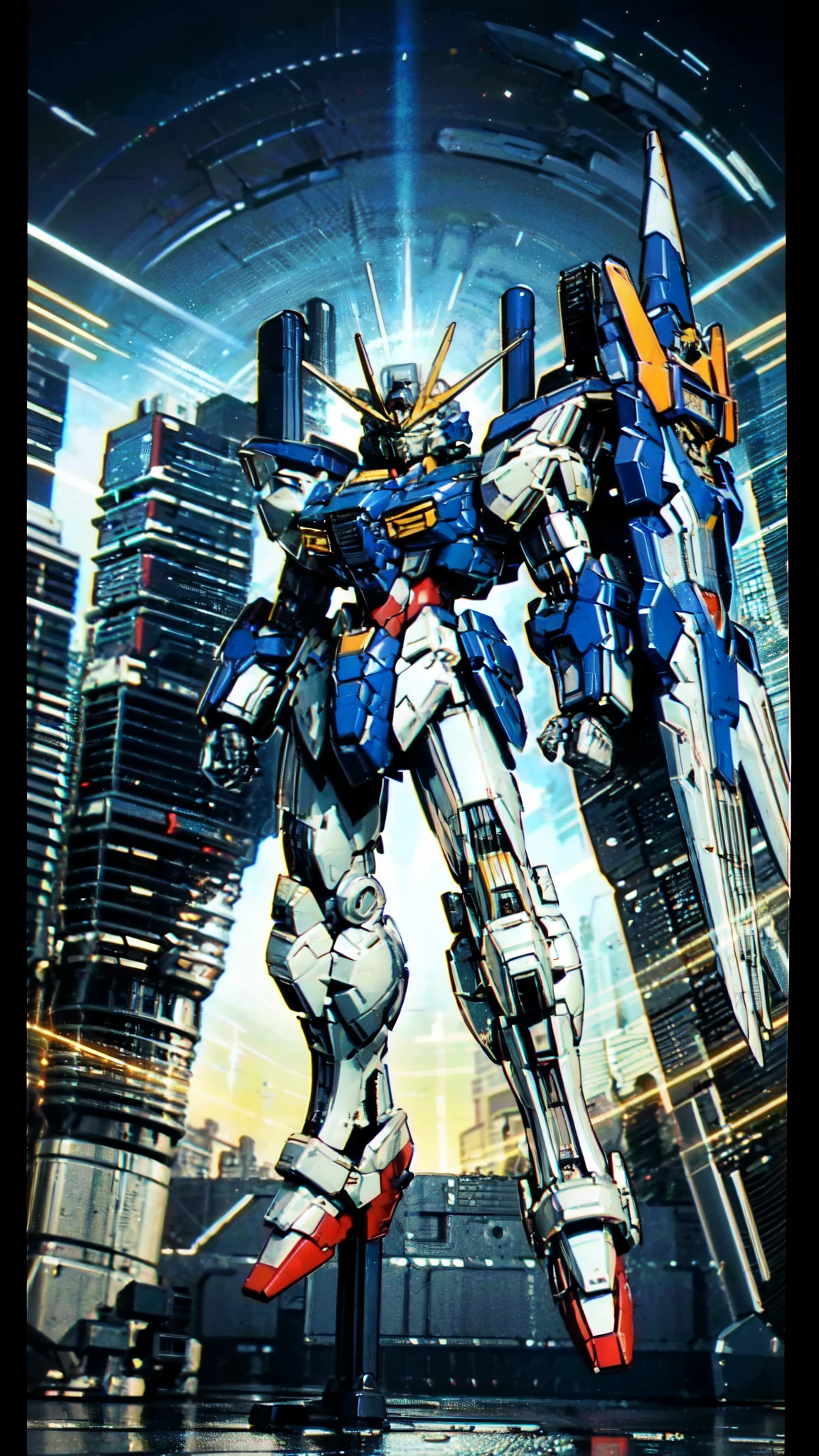 (masterpiece:1.5, best quality:1.5, extremely delicate:1.5), humanoid Mecha, fully enclosed shoulder guards, matching arm and leg guards, full body, full armor, the design balances heavy with agility, (the color scheme is primarily white with red and blue accents, the concept Inspired by Super robot, organic biotech armor, standing, floating high above the futuristic sci-fi city), exquisite and mature art style, (aura effect, energy, glowing eyes, the armor glows), ((SRS)), metallic, dramatic, high definition, highres, ultra-detailed, ultra-fine painting, professional, perfect body proportions, anatomically correct, symmetrical face, extremely detailed eyes and face, high quality eyes, creativity, RAW photo, UHD, 32k, Natural light, cinematic lighting, masterpiece-anatomy-perfect