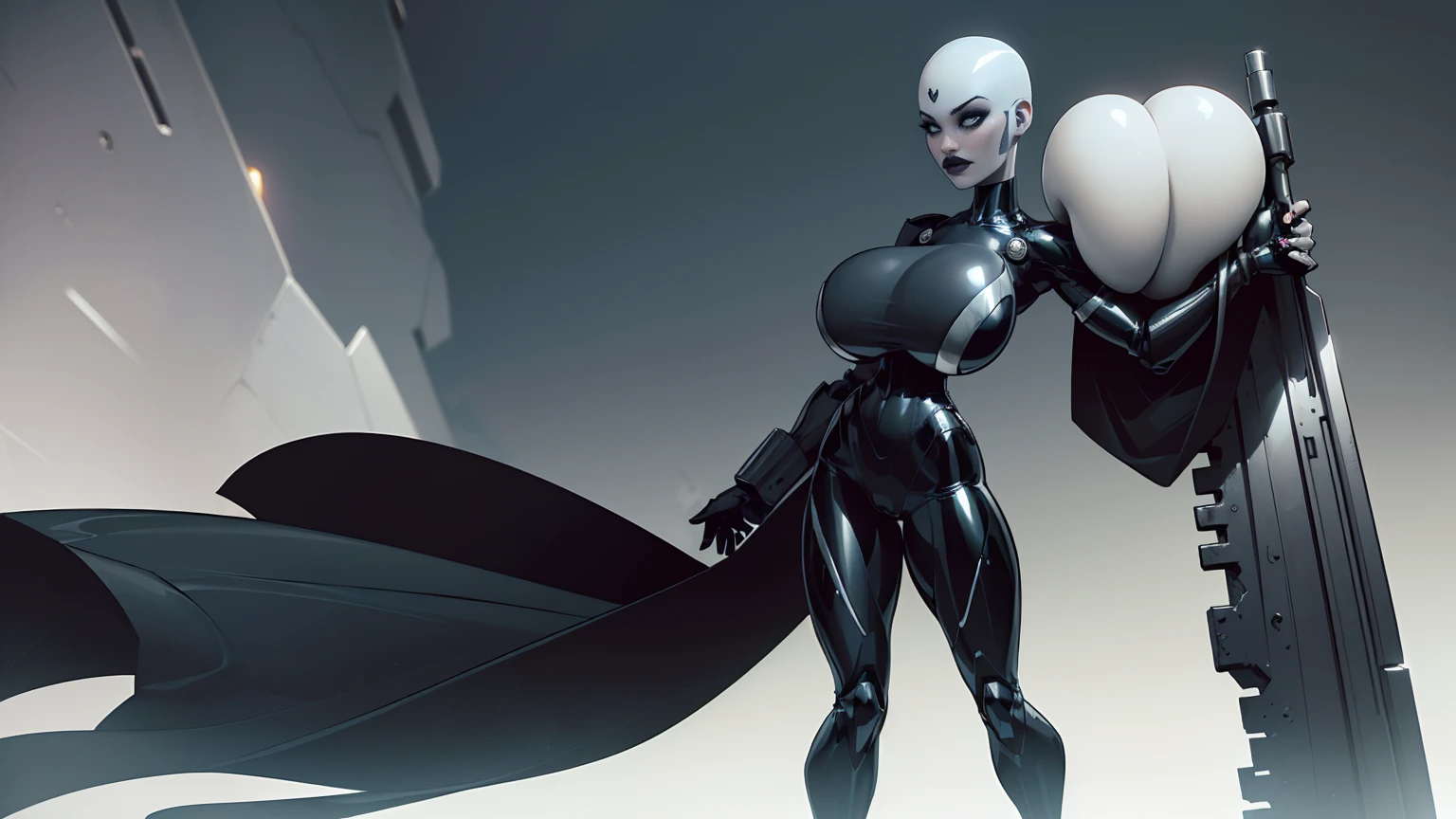((character design sheet)),((full body view)),1 Same Girl , Perfect Beautiful , ((bald head)) ,(dark skin), (silver arms, silver face, silver legs) ((android woman)),( metallic android , Black Gothic Dress , Athletic Body , ((gigantic breasts)), Realistic Lighting, Dark Vibe , Crowd , Gothic Makeup , Gothic Tattoo , Posing Like a Model , Look at Viewer, simple background,
