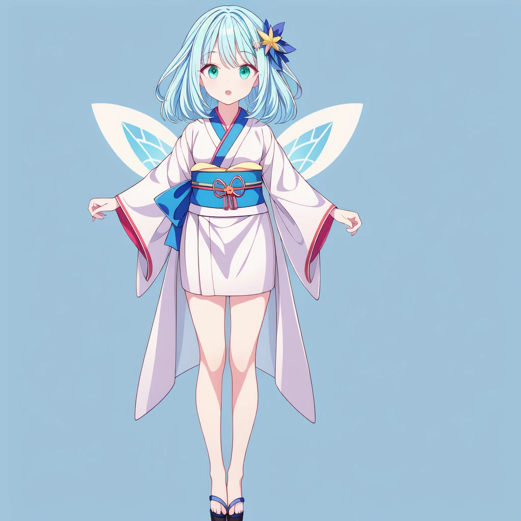 1girginal cute hairstyle、Star Fairy、Star incarnation、Character design front view、A picture facing the viewer、(((Super detailed、Highest quality、Masterpiece)))、Original cute hairstyle、Milky white and blue hair color、Simple Green Background、vtuber-fullbody,Gothloli kimono、