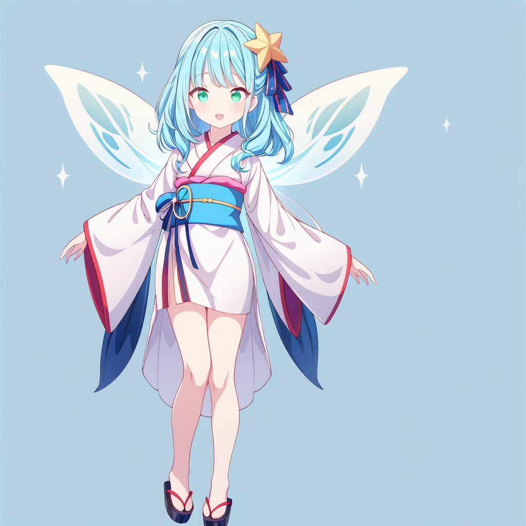 1girginal cute hairstyle、Star Fairy、Star incarnation、Character design front view、A picture facing the viewer、(((Super detailed、Highest quality、Masterpiece)))、Original cute hairstyle、Milky white and blue hair color、Simple Green Background、vtuber-fullbody,Goth**** kimono、