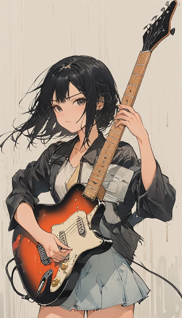 The Style of kawase hasui、Black Hair、Hime cut、22 years old、woman、Playing electric guitar