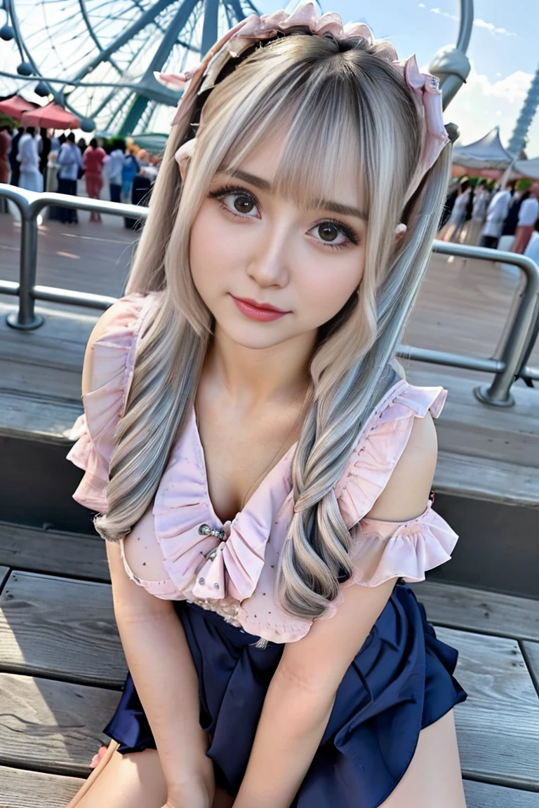 (masterpiece,best quality:1.4),Small Animal System,foreshortening,(8k,raw photo,photo realistic:1.2),realistic:1.4,anatomically correct,accurate,textured skin,shiny skin,shining hair,detailed skin,detailed face,detailed eyes,1girl,(((Japanese cute idol))),Intensely cute:1.3,small face (of a woman),cute face,(Very beautiful and clear baby skin detail,Realistic skin),(Very detailed eye sparkle:1.3),(Very detailed,Naturally breasts,,drooping eyes:1.4,),,(Very detailed Clear and beautiful breasts,),(Very detailed A happy girl, deep-tanned skin, 1 girl,),(Very Detailed long silver hair,Mine Trendy Clothing,minefield fashion,Mine makeup,accessories,Mine hairstyles,Fluttering ruffle mini skirt,Emphasis on the bosom),(Very detailed Ferris wheel at an amusement park,safari park),(Very clear and beautiful background details:1.6,Realistic and accurate background:1.2),(Very detailed,,online shopping,LUMINE® Market,),upper body,pussy line:1.3,Front view:1.6,Taken from directly below:1.5,embarrassment:1.3,low angle:1.5,low position,Very detailed show panties:1.5,nsfw,Sitting with Knees Up on chair, spread legs:1.3,cowgirl position, open legs:1.4,POV,pussy line:1.3