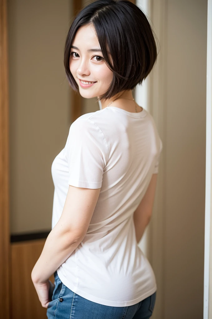 , short sleeve,masutepiece, Best Quality,8K,Natural brown short hair,japanese beatiful girl,very nice lady,smile,teeth