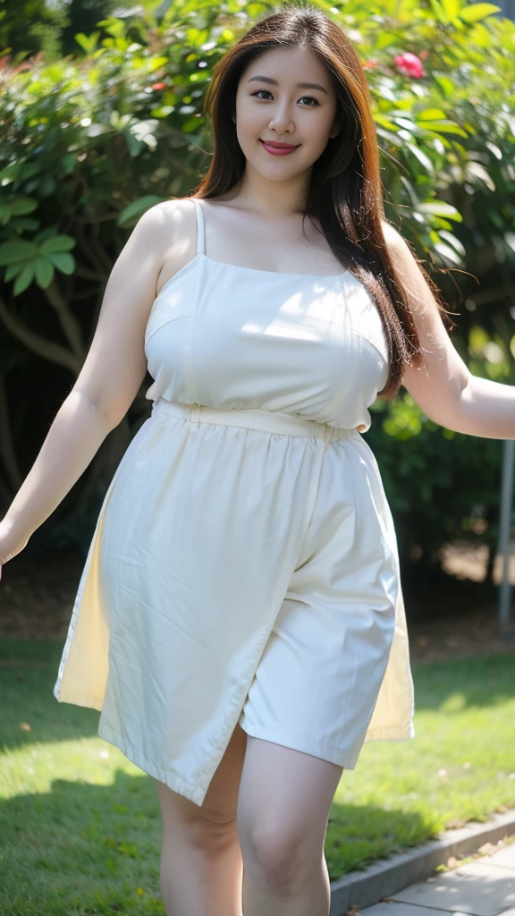 Height 1.85 meters,Smiling fat woman ,Oval face, 大Long legs, Wearing a blue floral loose suspender dress and pleated skirt, Thin waist and thick hips, Hip width, Soft curves, hyperPractical full figure, Wearing a cute top, Long legs,,thickness, Beautiful plump woman, A woman with beautiful curves*****Target,Clear curve details, Curvy hourglass figure, Charming plus size models, bbw酱, full image, Surface Model, Curvy body, (full-body shot)blush, 1girll fat , Golden Ratio,(White and tender skin:),High quality background, HD, Practical, HDR. pedestrian mall,Skin as white as paper,High heel,Sit on a slate,Flowers