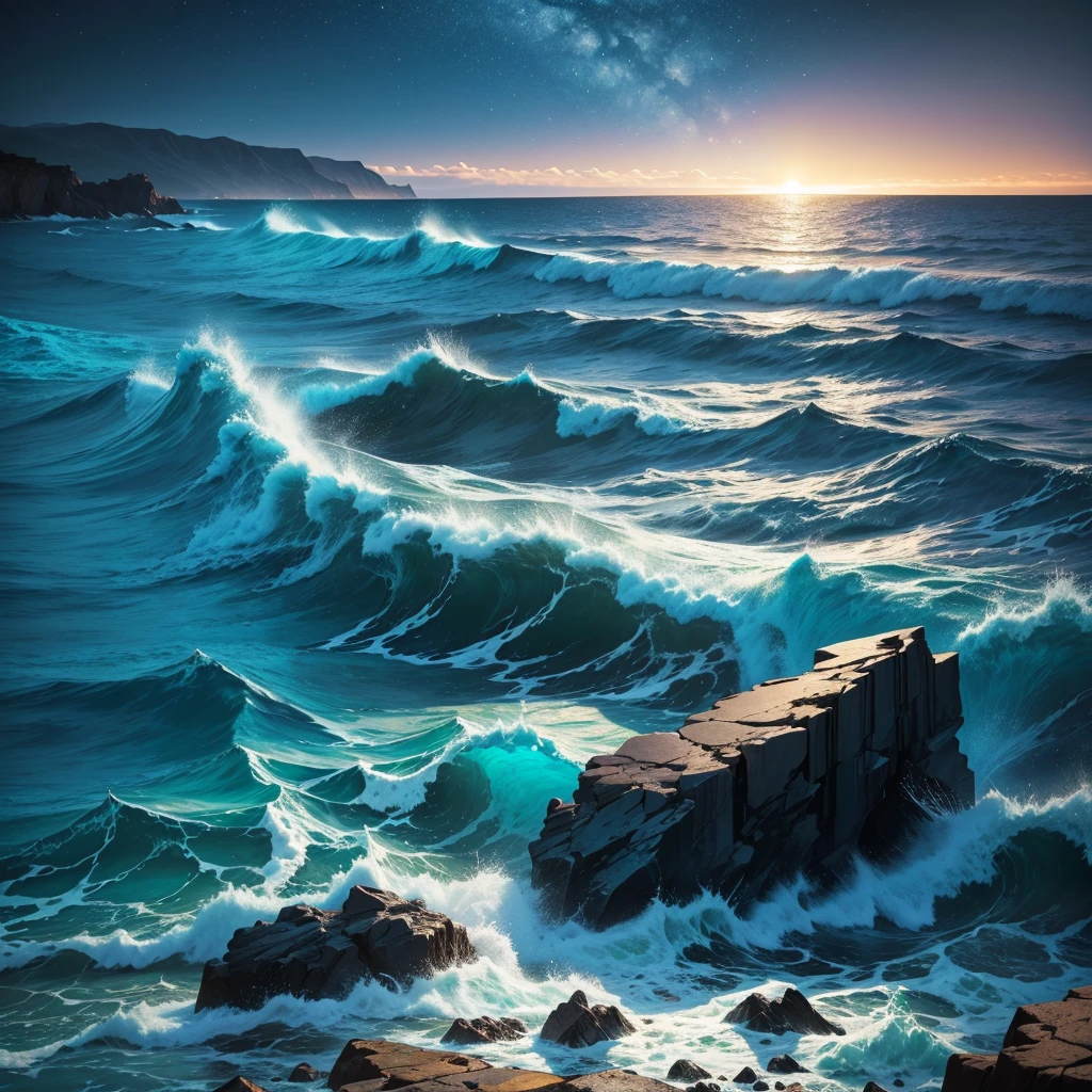 A night scene of a turquoise-colored sea with waves crashing against rocky cliffs. The moonlight reflects on the water, highlighting the vibrant turquoise color. The sky is dotted with stars, adding a serene yet powerful atmosphere to the scene.