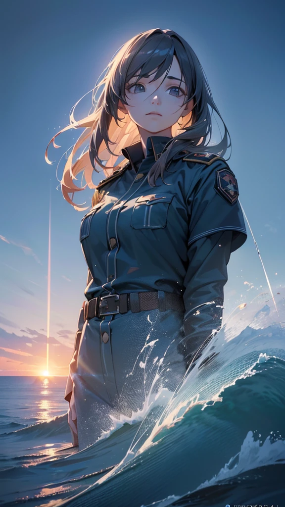 1girl in military uniform standing against a massive tsunami, detailed sky blue ocean, on the sea, (best quality,4k,8k,highres,masterpiece:1.2),ultra-detailed,(realistic,photorealistic,photo-realistic:1.37),vivid colors,extremely detailed eyes and face,longeyelashes,dramatic lighting,cinematic composition,volumetric fog,epic scale