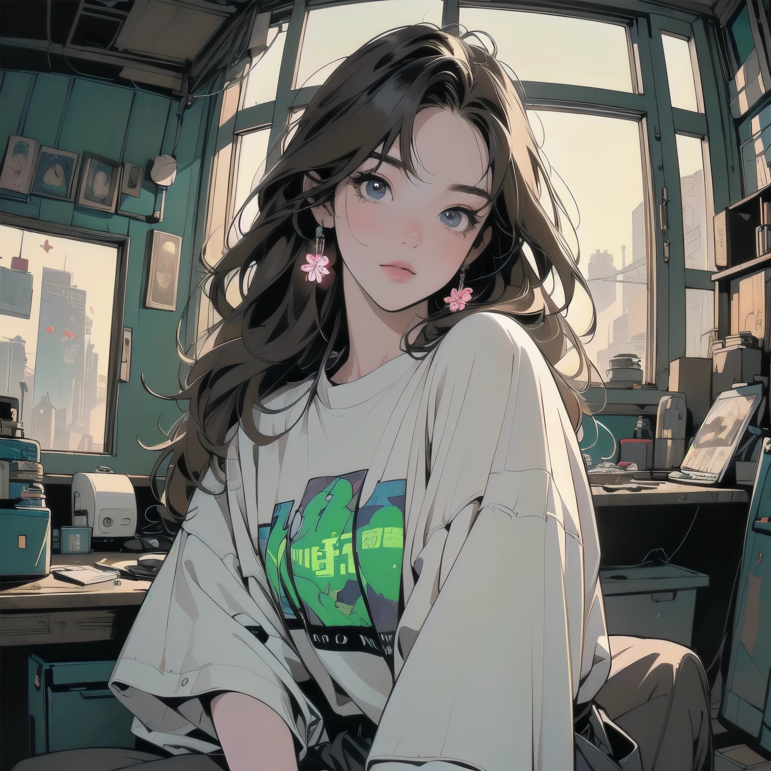 sitting on the couch in the living room、One woman, (((Perfect very beautiful face)))、(((東京のrooftopパティオ))), Futuristic Apartment, rooftop, Cyberpunk settings, Decaying house. Lo-fi portrait by the window, Cozy place, Post-apocalyptic perspective, Cyberpunk Apartment, (((White T-shirt))), Mr.々Angle、(((Very dull color)))、Ultra detailed background、Detailed Hair、Cowboy Shot、(((A room with many machines)))、(((gear)))、flower、(((Fisheye Lens)))、Gorgeous light leaks、Light brown hair color、(((neon)))、Lo-fi look、Hand Stretching Pose