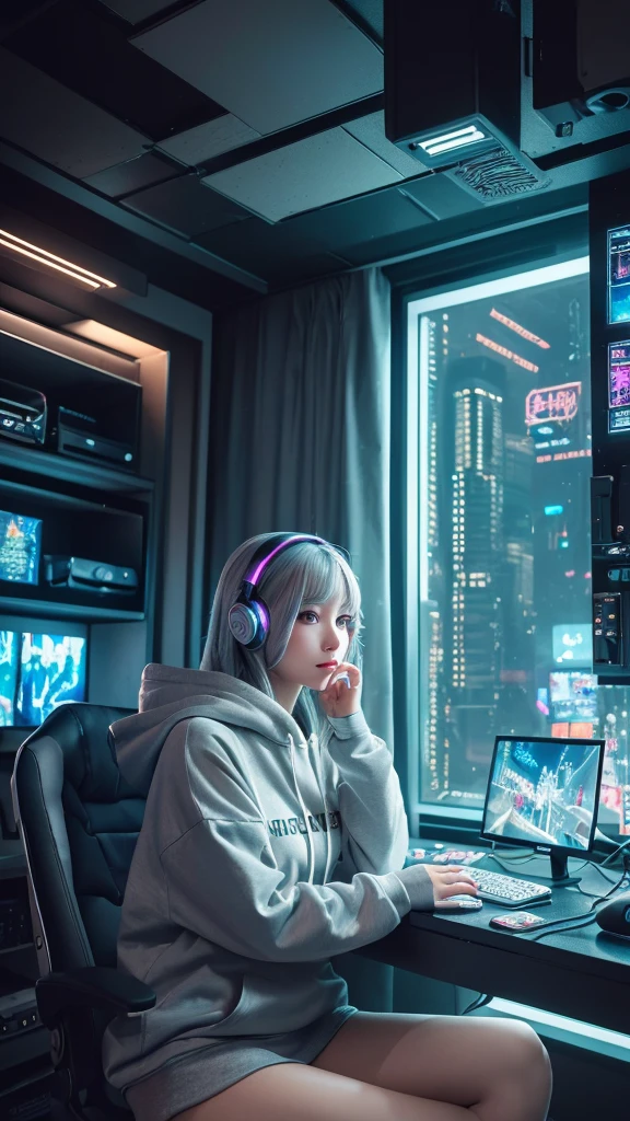 ((Highest quality)), ((masterpiece)), ((Very detailed)), (figure), (Detailed light), (Very delicate and beautiful),
(((alone))),
(Beautiful pretty girl),
((headphone)),(hoodie),
((Cyberpunk Room)),indoor,(computer,screen),Data Stream,window,
((Sit in a gaming chair)),
(Beautiful Eyes),Gray Hair,