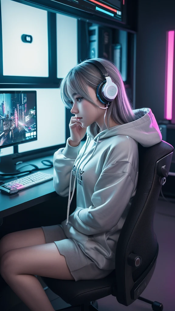 ((Highest quality)), ((masterpiece)), ((Very detailed)), (figure), (Detailed light), (Very delicate and beautiful),
(((alone))),
(Beautiful pretty girl),
((headphone)),(hoodie),
((Cyberpunk Room)),indoor,(computer,screen),Data Stream,window,
((Sit in a gaming chair)),
(Beautiful Eyes),Gray Hair,