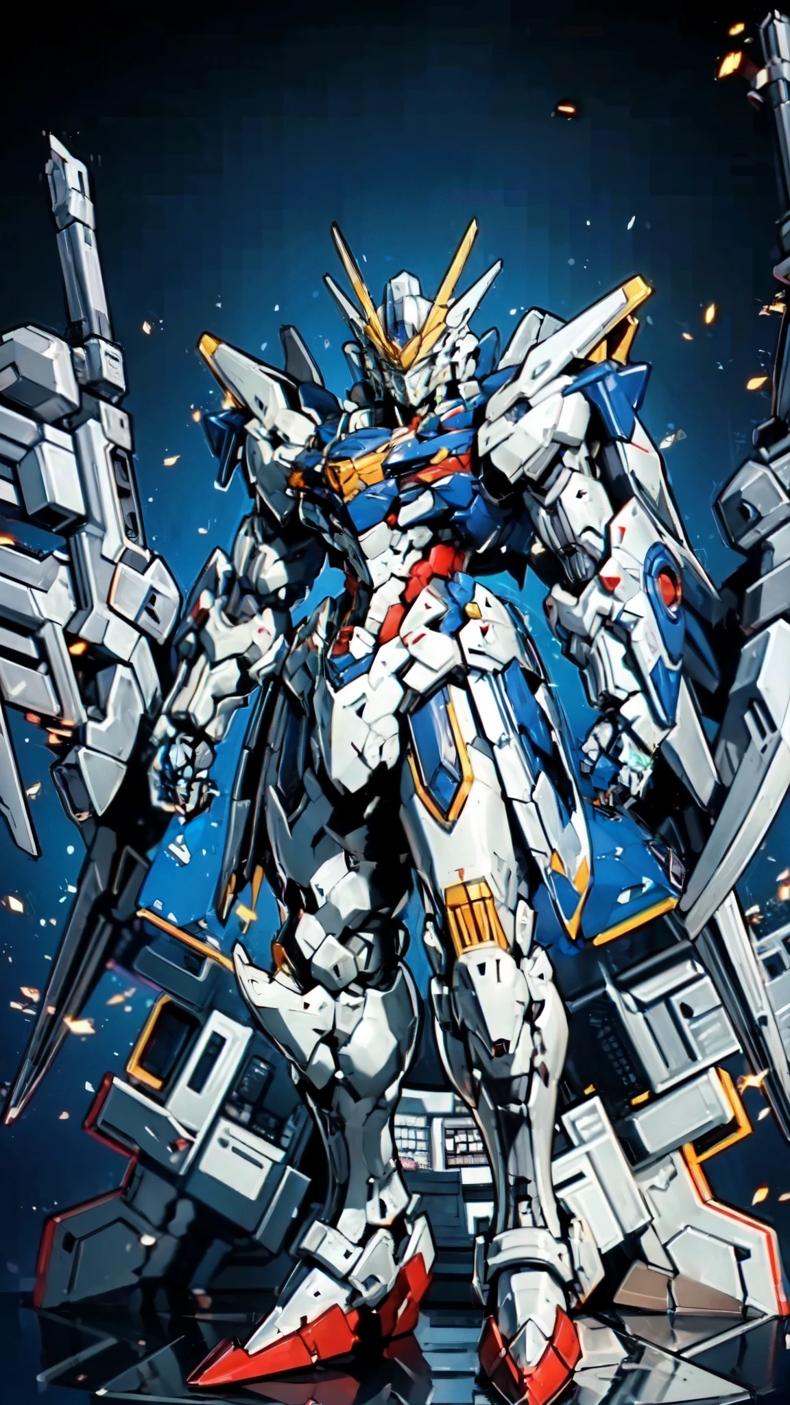 (masterpiece:1.5, best quality:1.5, extremely delicate:1.5), humanoid Mecha, fully enclosed shoulder guards, matching arm and leg guards, full body, full armor, the design balances heavy with agility, (the color scheme is primarily white with red and blue accents, the concept Inspired by Super robot, organic biotech armor, standing, floating high above the futuristic sci-fi city), exquisite and mature art style, (aura effect, energy, glowing eyes, the armor glows), ((SRS)), metallic, dramatic, high definition, highres, ultra-detailed, ultra-fine painting, professional, perfect body proportions, anatomically correct, symmetrical face, extremely detailed eyes and face, high quality eyes, creativity, RAW photo, UHD, 32k, Natural light, cinematic lighting, masterpiece-anatomy-perfect