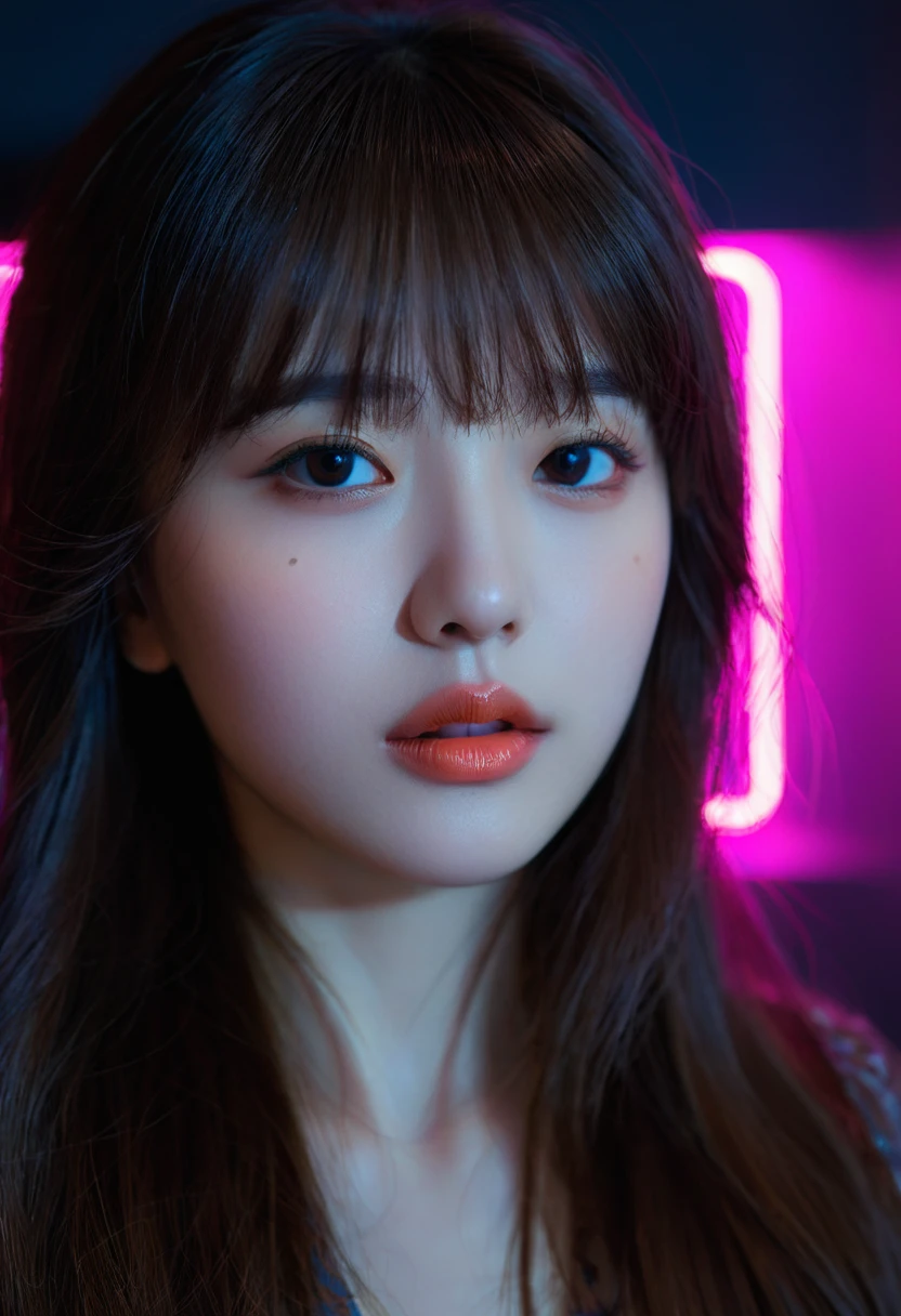 8k, best quality, 1 Girl, (Skin Indentation), night, (dark), Indoor clear background, (people), Beautiful bangs, Gorgeous,, (Clothing and:1.3),Soft lighting, attractive, dark Room, (mouth close:1.2, beautiful eyes, Delicate eyes, Detailed iris, Beautiful lips, Beautiful nose, Pretty Face),(primary color:1.5),(Ambient Light:1.5),(Neon light:1.8),(concert lighting:1.3)