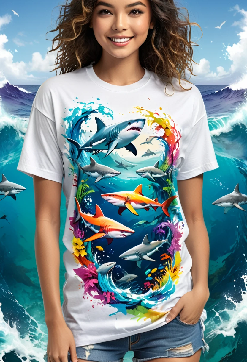 A white background t-shirt with a colorful illustration of sharks in the middle of the rough sea, At the center, swirly vibrant colors, paint splashes and smears, high détail,hawaii island background
(artwork, best quality, proffesional, perfect composition, very aesthetic, absurdrez, super verbose, Intricate details:1.3)