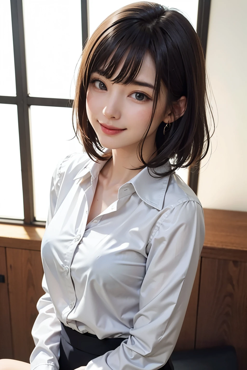 (High resolution、High resolution、high quality、High resolution、すべてをHigh resolutionで描画する)、Vivid crystal light blue eyes、Very small diamond-shaped earrings、Look straight at the camera、Listen carefully、light in your eyes、Beautiful very short black hair、Beautiful hair with beautiful and very short bangs、Straight beauty Bang、Beautiful neckline、Beautiful 28 years old、Lip gloss、Long neck、smile、Beautiful teeth alignment、beauty、Beautiful woman、Pure white open-collar business shirt、{Huge|big|Hugeな|Mega} chest, chestの谷間, chest元が開いた純白のビジネスシャツ、Lengthen the left and right ends of your bangs、Beautiful composition、Roll up the sleeves of a long-sleeved business shirt:1.4、Beautiful Supermodel、Naked from the waist up