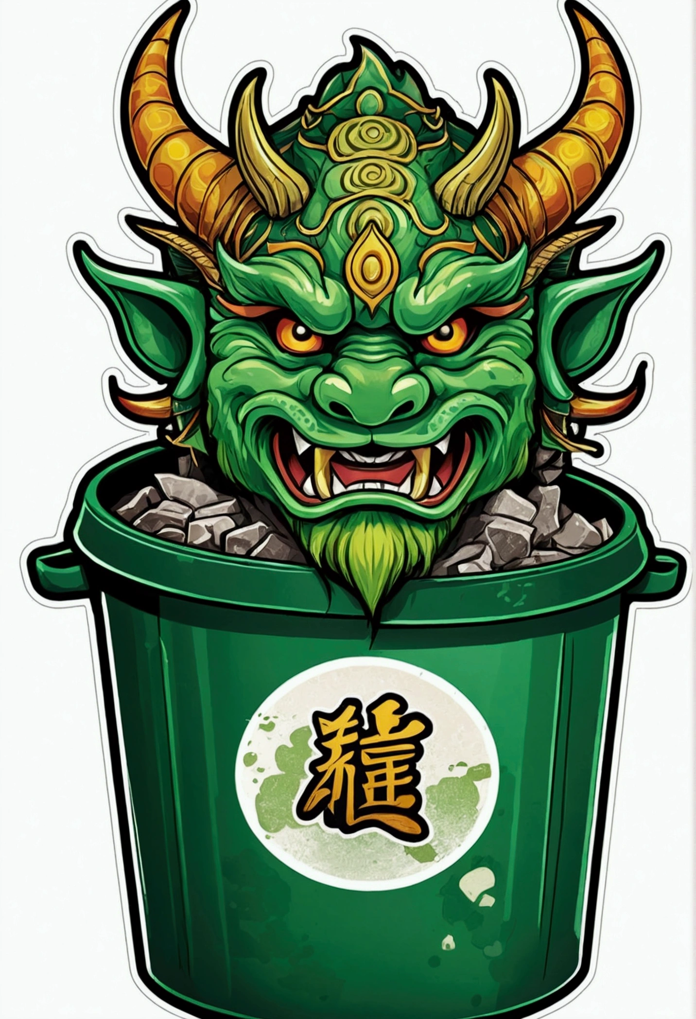 Sticker illustration on white background, downtown, Leprechaun face paint in the shape of a dragon, Eastern style painting, connect mask, Demon Samurai Mask, Asura in Chinese mythology, Thrown outline style, jagged edges, garbage bin, light shading --v 5.2