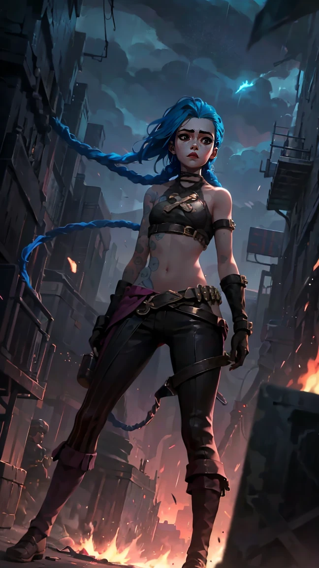 (masterpiece, Best quality), 1 girl, portrait, very sexy, crazy look, smile, crying, pink tears, tears on the cheeks, tears from eyes, full length (full body 1.1.), очень feminine, fighting stance, battle, fire, explosions, burning city, Beautiful waist, gloomy composition, flame, fire, Flash, very beautiful, feminine, long hair, hair braided in long braids, very sexy, tight leather pants, emphasis on the eyes, emphasis on the face, Beautiful face, hands, hair, haired ponytail, red purple eyes, Джинкс crying, Blue cloud tattoo, (masterpiece, Best quality), Side lighting, beautiful detailed eyes, crazy face), (Best quality), (masterpiece), magic photography, Spectacular lighting, photorealism, ultra detailed, интимная portraitная композиция, 1. 4,8 K UHD, aesthetic, Cd., a high resolution, 8 K, Better lighting, Best shade, Ultra-HD, a high resolution, Sharp Focus, Complex background, cinematic lighting, ((Landscape view)), 4K block, (Better lighting), ((cinematic lighting)),