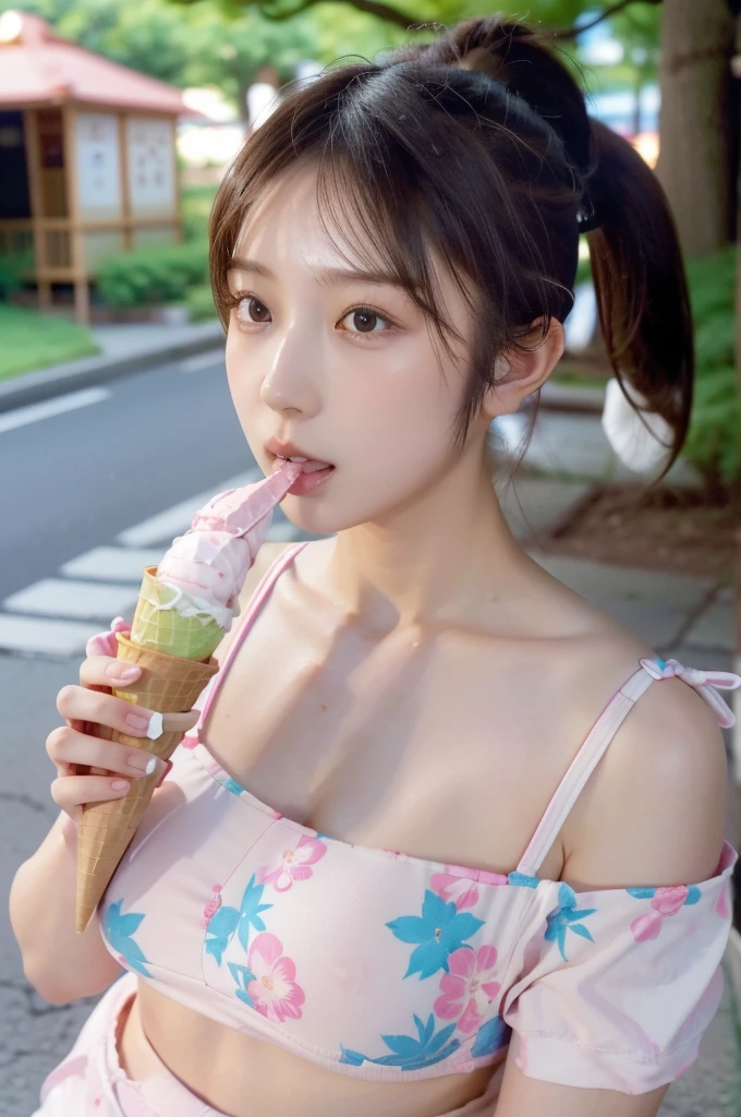 Japanese cute girl licking ice cream in bikini, (((licking ice cream))), in the street, ponytail hair, elementary school age, very young girl, (((huge breasts))), (((realistic))), (((High resolution))), (((anatomically correct))), (looking at viewer)