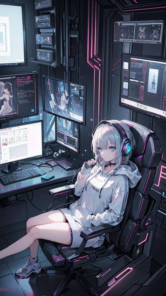 ((Highest quality)), ((masterpiece)), ((Very detailed)), (figure), (Detailed light), (Very delicate and beautiful),
(((alone))),
(Beautiful pretty girl),
((headphone)),(hoodie),
((Cyberpunk Room)),indoor,(computer,screen),Data Stream,window,
((Sit in a gaming chair)),
(Beautiful Eyes),Gray Hair,