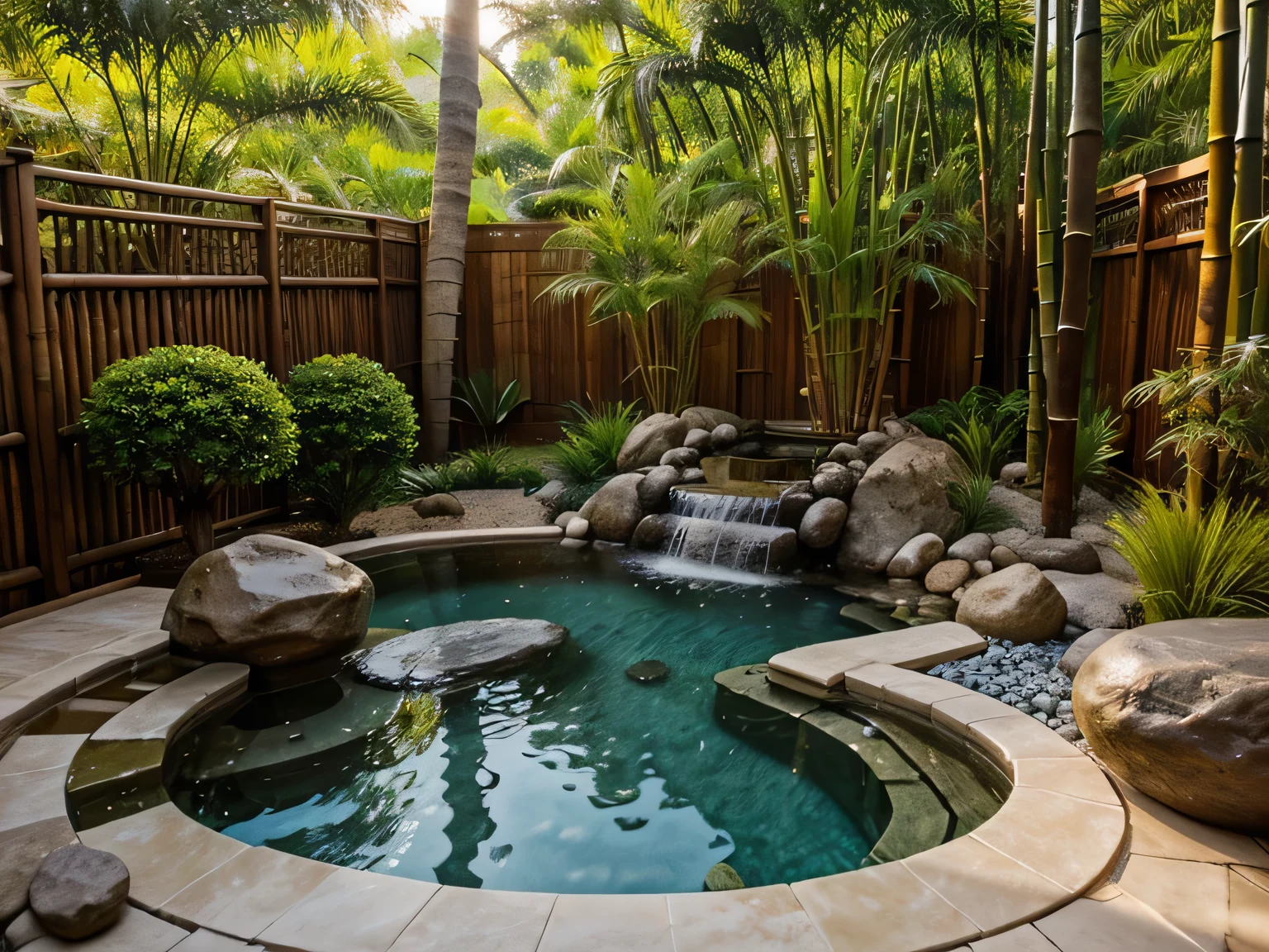 A serene, spa-like setting with elements of tranquility like smooth stones, bamboo, and a calming water feature, ideal for wellness or beauty products.