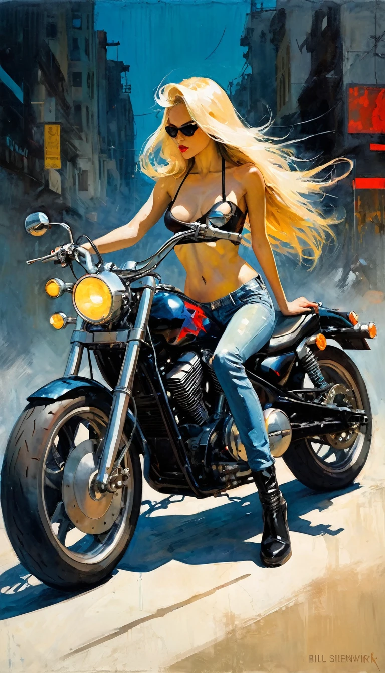 blonde girl with long hair, small breasts, biker, radical girl, sexy posing on a motorcycle, (art inspired by Bill Sienkiewicz). oil painting)
