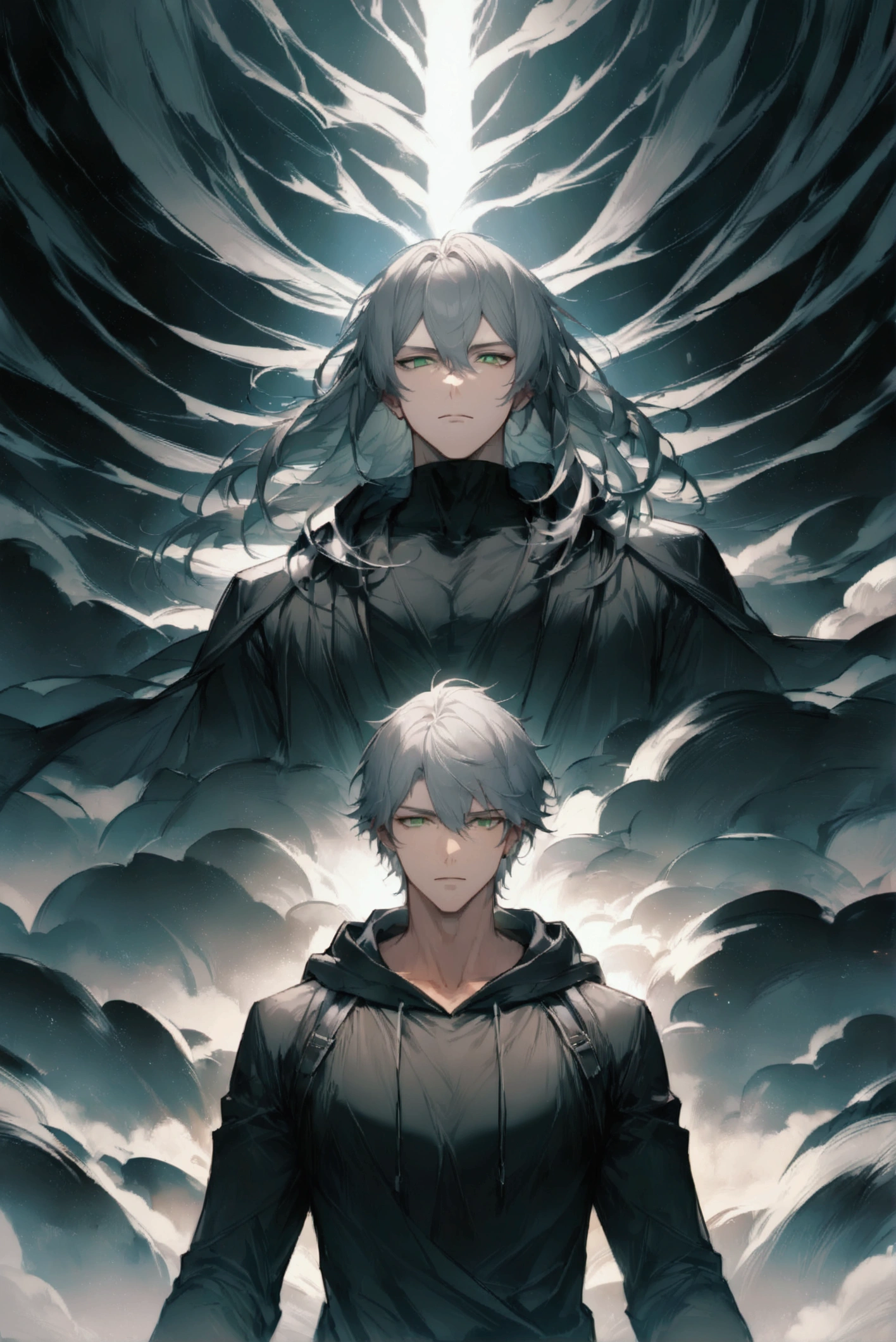 Mambang Hairstyles、Gray Hair、Handsome man in his 20s(1 male,),Green Eyes,Expressionless,(He is wearing a long black hoodie..),(masterpiece:1.3),(Highest quality:1.4),(Very detailedな:1.5),High resolution,Very detailed,unity 8k wallpaper,Decadent,Wind,Achieve smooth design