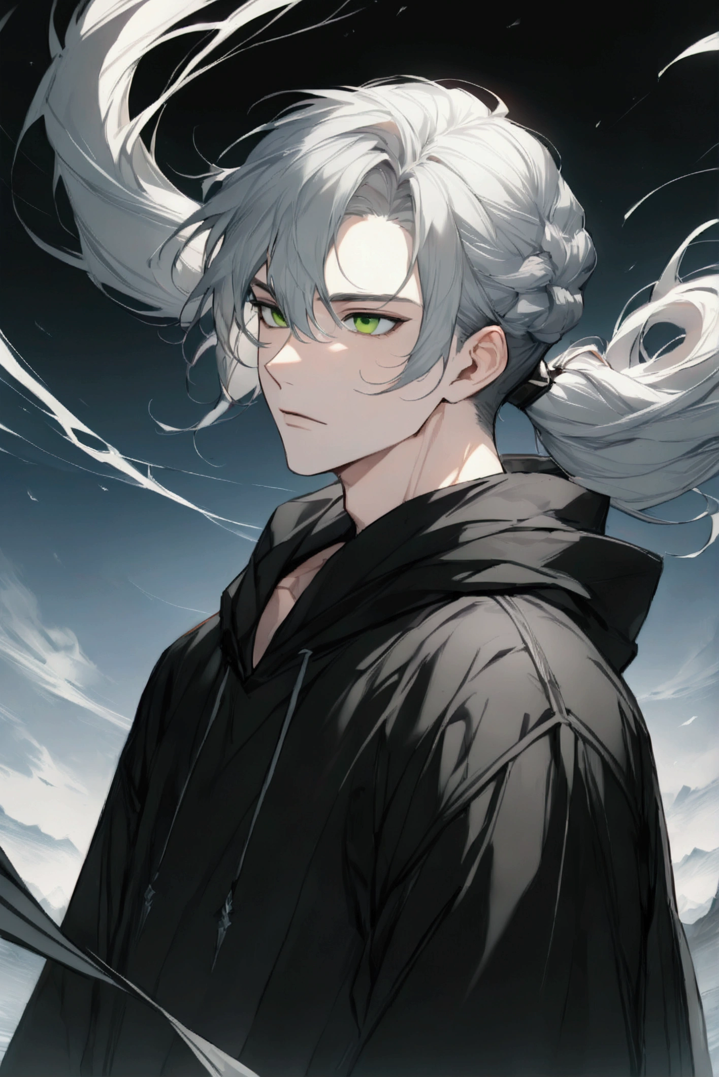 Mambang Hairstyles、Gray Hair、Handsome man in his 20s（1 male,）,Green Eyes,Expressionless,（He is wearing a long black hoodie..）,(masterpiece:1.3),(Highest quality:1.4),(Very detailedな:1.5),High resolution,Very detailed,unity 8k wallpaper,Decadent,Wind,Achieve smooth design