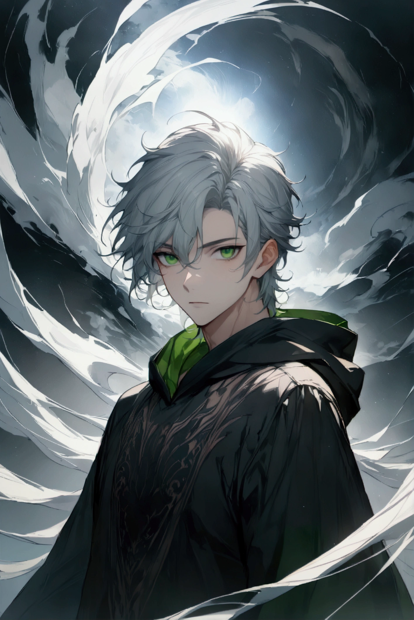 Mambang Hairstyles、Gray Hair、Handsome man in his 20s（1 male,）,Green Eyes,Expressionless,（He is wearing a long black hoodie..）,(masterpiece:1.3),(Highest quality:1.4),(Very detailedな:1.5),High resolution,Very detailed,unity 8k wallpaper,Decadent,Wind,Achieve smooth design