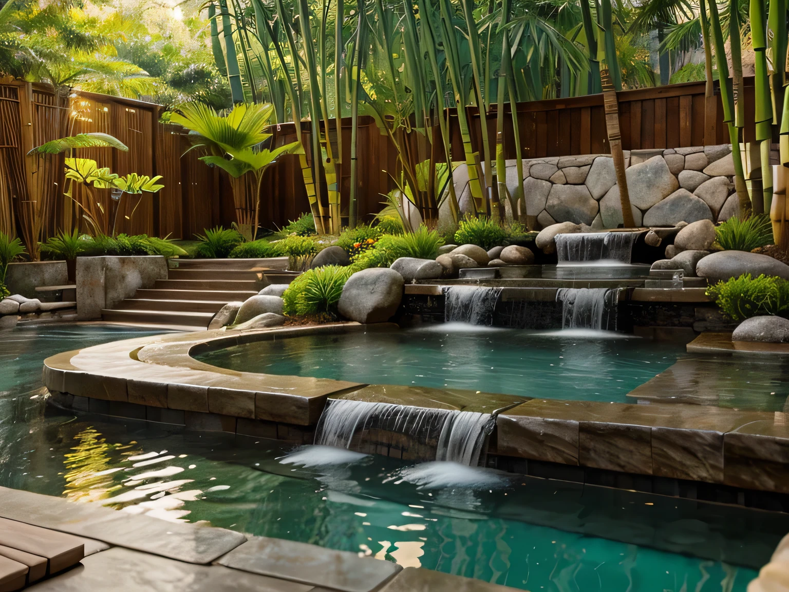 A serene, spa-like setting with elements of tranquility like smooth stones, bamboo, and a calming water feature, ideal for wellness or beauty products.