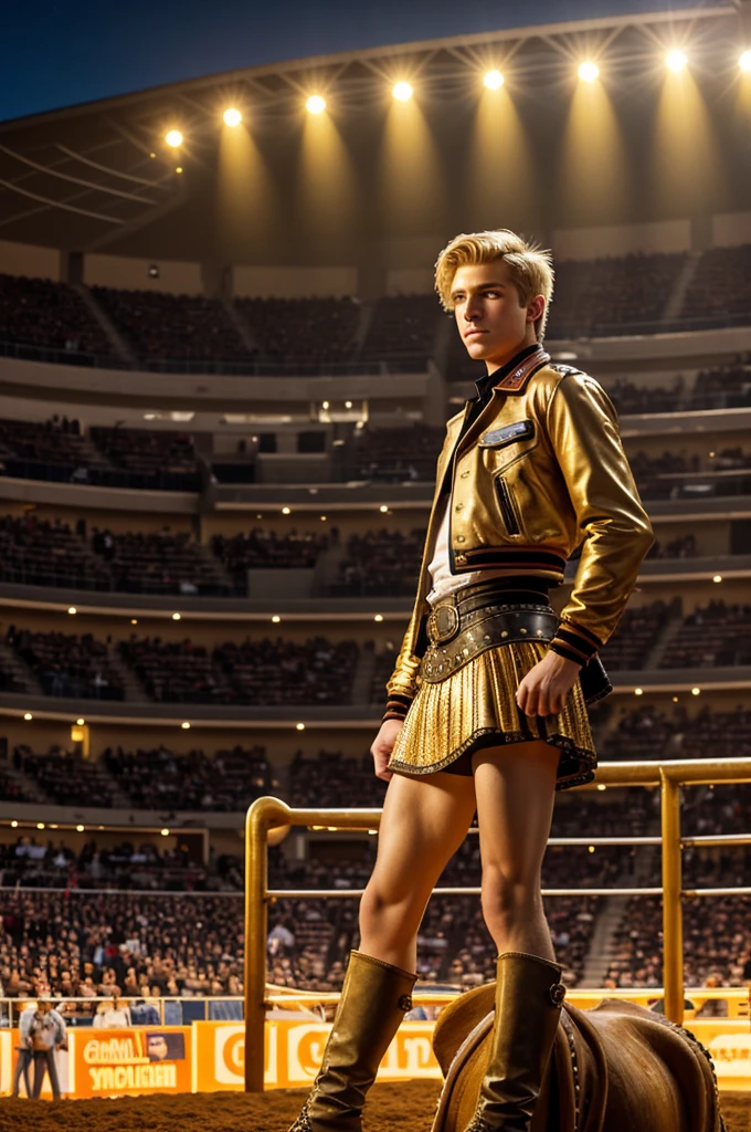 masterpiece: a young man of 18 years old with short blonde hair, a face with freckles, dressed in a mini skirt and a bullfighter's jacket.  background: a bullring with its audience and in the center of the square a mechanical bull.  Maximum detail.  photographic quality.  night light., low-angle shot, warm color grading, golden hour