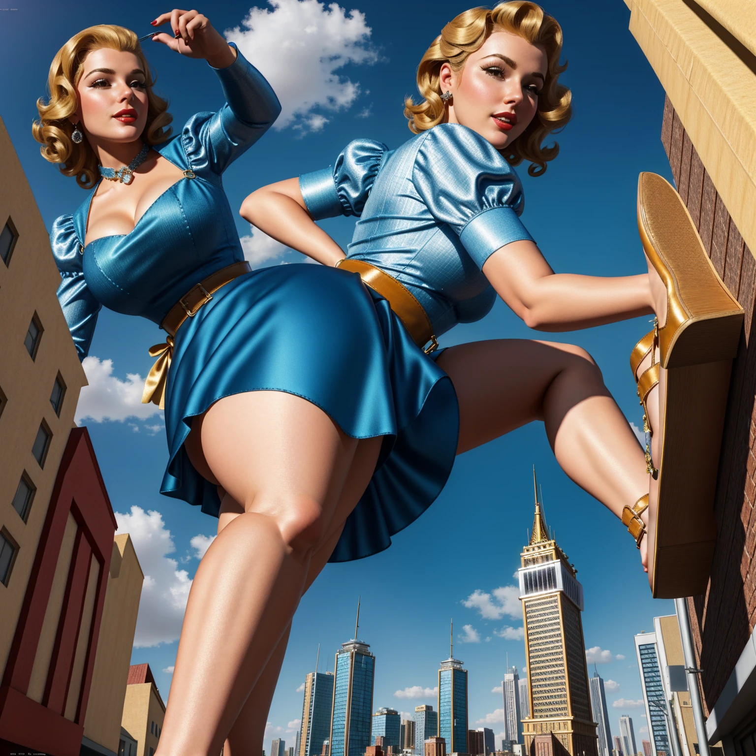 Masterpiece, Best Quality), 8k Wallpaper, highly detailed, poster, vintage poster, 1950s, a sexy giant housewife towering over a tiny skyscrapers city, cinematic movie poster, perfect face, tiny people running, giant woman, Tiny skyscrapers, lines, abstract, mid century modern, movie poster, vintage, pulp magazine cover, skirt, strap shoes, blonde woman, pinup style