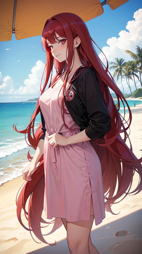 (((adult woman))), pink eyes, (long red hair), Beach clothes, pretentious smile