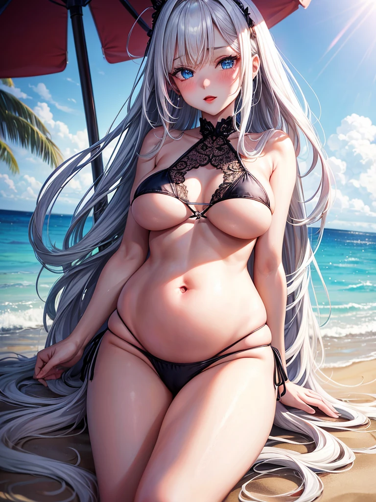 high resolution, long hair, breasts, blush, full red lips, blue eyes, BIG BREASTS, White hair, SATORU GOJO FEMALE VERSION, in black bikini, lace details, completely straight hair, bright blue eyes. on the beach, on the sand, Wide hips, small pregnancy belly.