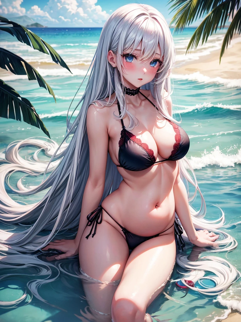 high resolution, long hair, breasts, blush, full red lips, blue eyes, BIG BREASTS, White hair, SATORU GOJO FEMALE VERSION, in black bikini, lace details, completely straight hair, bright blue eyes. on the beach, on the sand, Wide hips, small pregnancy belly.