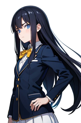 timid,spineless, humble face, sad, Uneasiness,detailed, standing, from front, cowboy shot, looking at viewer, one girl, Black hair, long hair, straight hair, Blue eyes, fair skin, , teenager, high school girl, , jacket/blazer, delicate facial features, white background