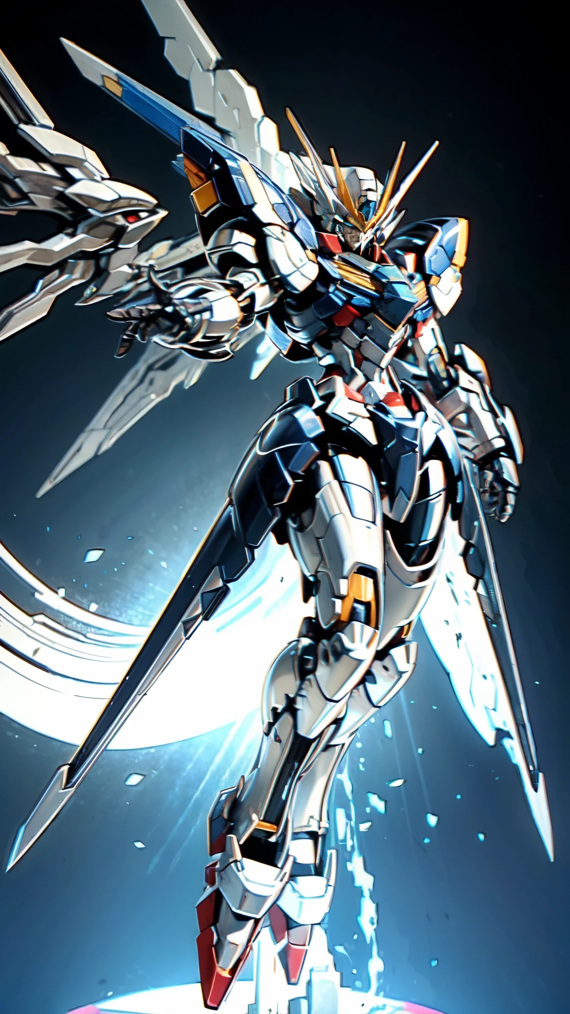 (masterpiece:1.5, best quality:1.5, extremely delicate:1.5), humanoid Mecha, fully enclosed shoulder guards, matching arm and leg guards, full body, full armor, the design balances heavy with agility, (the color scheme is primarily white with red and blue accents, the concept Inspired by Super robot, organic biotech armor, standing, floating high above the futuristic sci-fi city), exquisite and mature art style, (aura effect, energy, glowing eyes, the armor glows), ((SRS)), metallic, dramatic, high definition, highres, ultra-detailed, ultra-fine painting, professional, perfect body proportions, anatomically correct, symmetrical face, extremely detailed eyes and face, high quality eyes, creativity, RAW photo, UHD, 32k, Natural light, cinematic lighting, masterpiece-anatomy-perfect