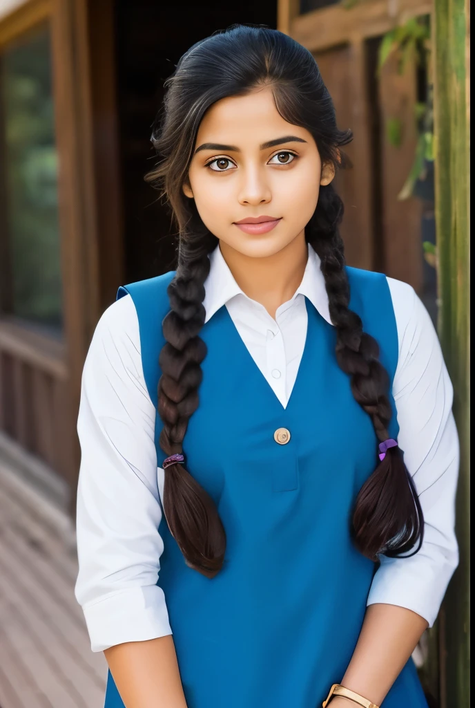 Raw photo , 1 girl  ,Wearing  salwar kameez uniform, teen school girl, with plait , professional photographer, (hdr:1.4), masterpiece, ultra-realistic 8k, perfect artwork, intrincate details, cute face, award winning photograph, (Best quality, 8k, 32k, Masterpiece, UHD:1.3) 